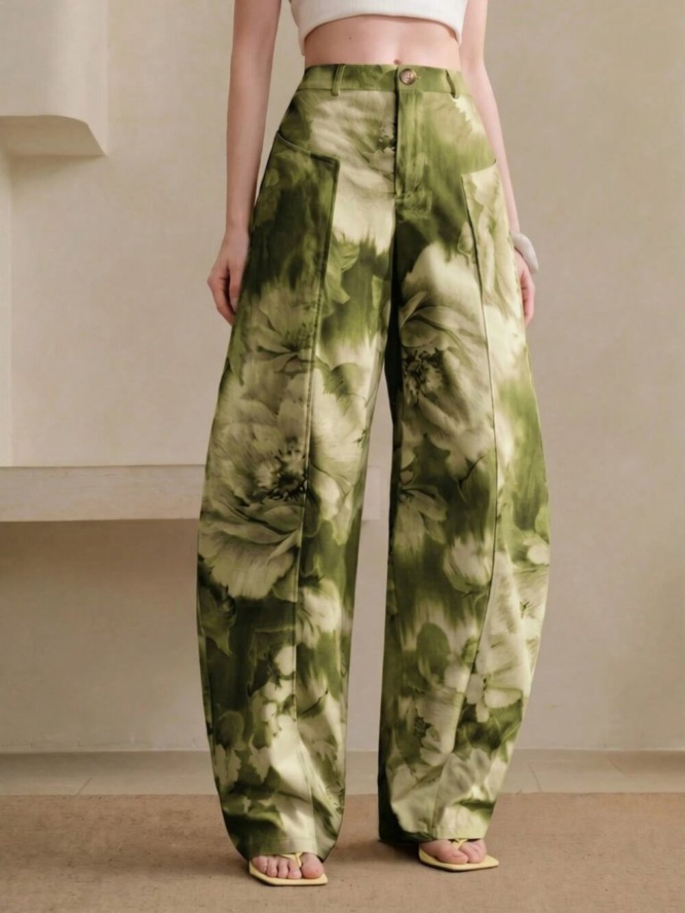 Green Cream Watercolor Floral Wide Leg Trousers
